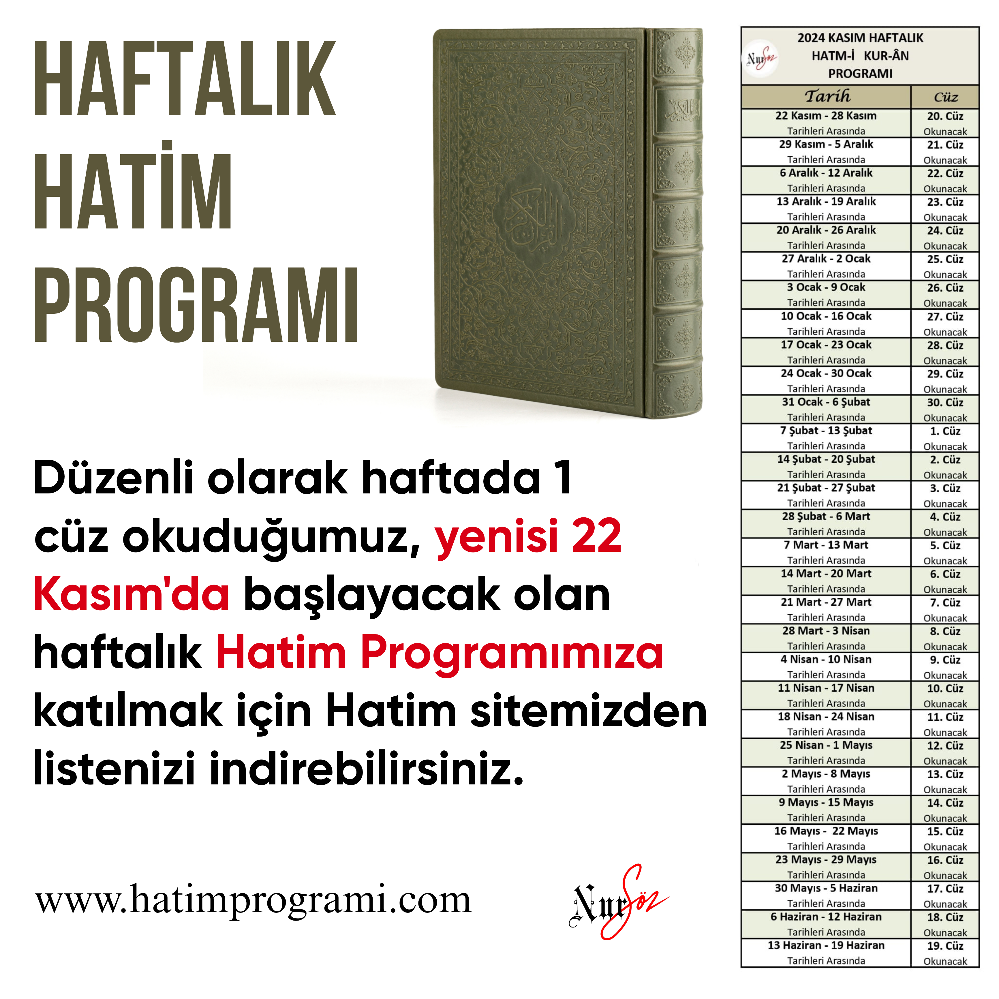 HAFTALIK HATİM PROGRAMI 