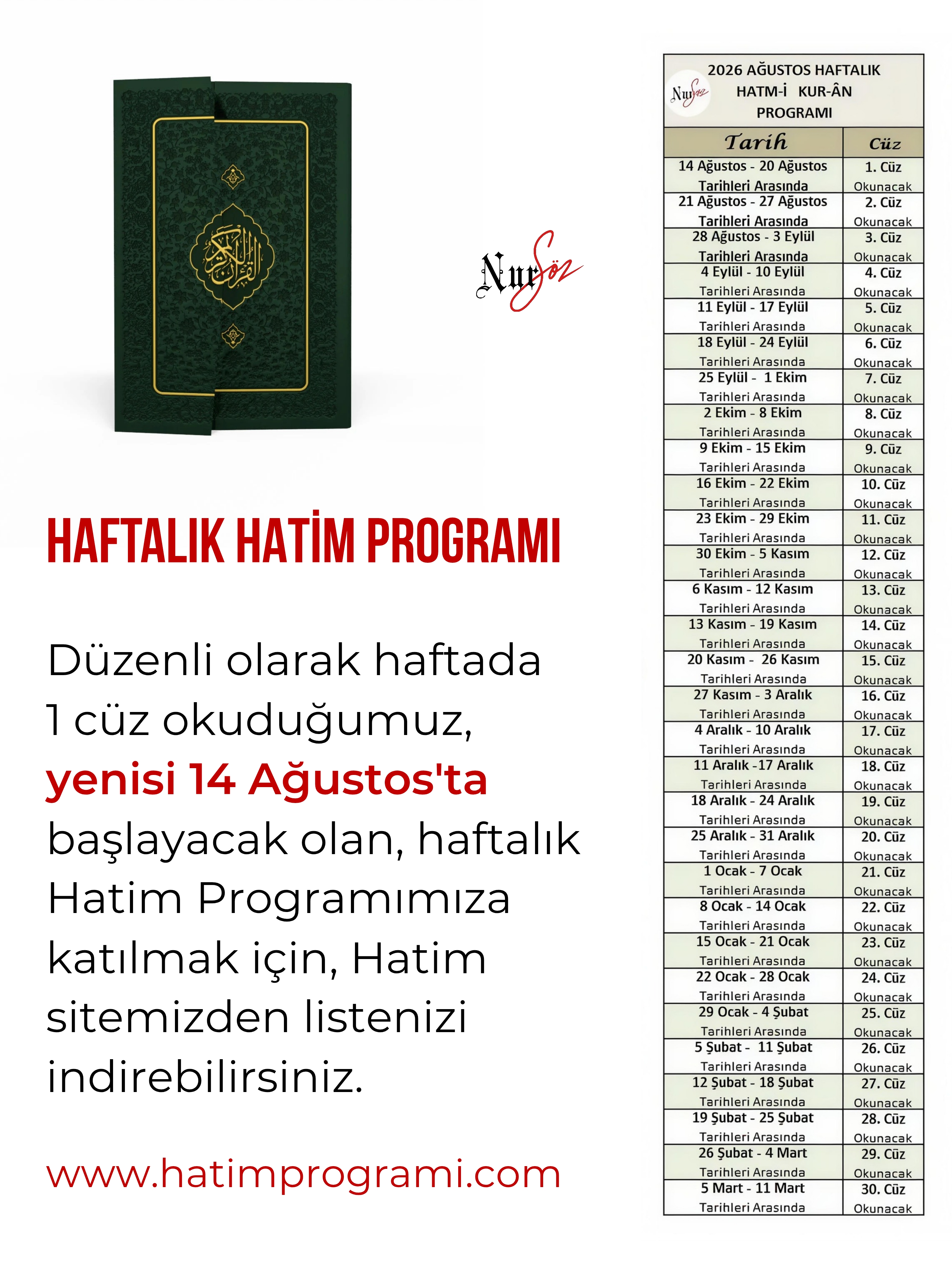 HAFTALIK HATİM PROGRAMI